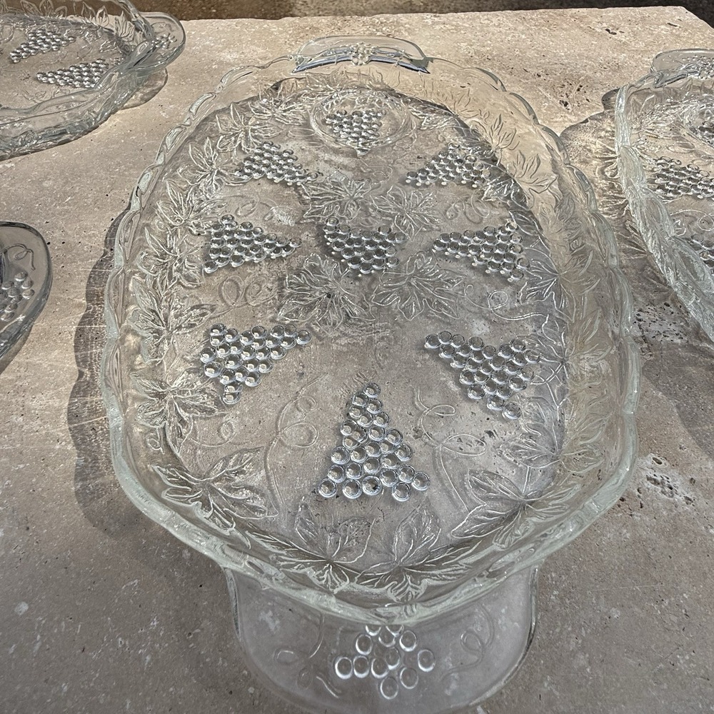 5- Vintage Clear Anchor Hocking Glass Grapes & Leaf Snack Tray Plate Set (1960s)
